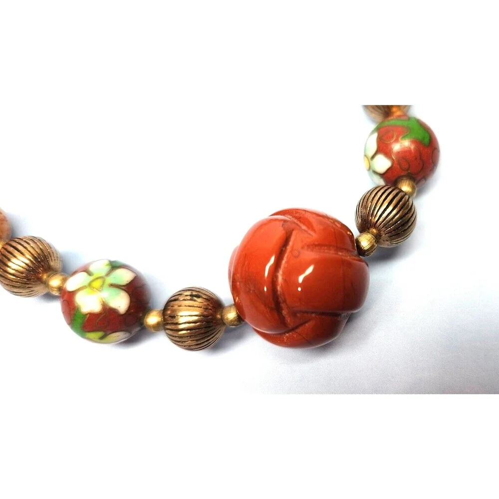 Vintage Carved Red Jasper & Cloisonne Beaded Statement Necklace 18
